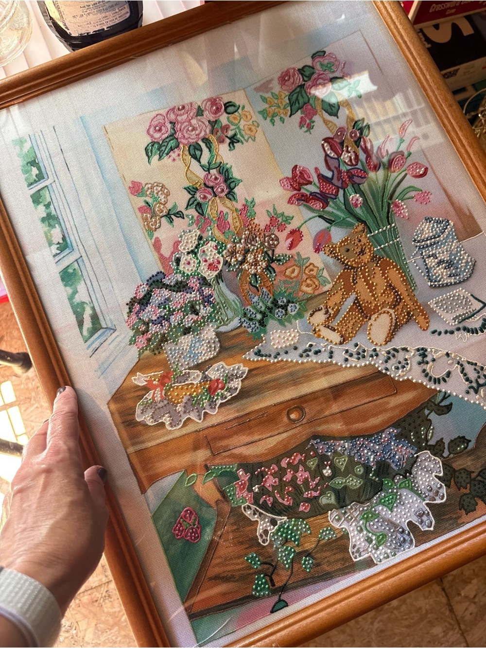 Beaded Floral & Teddy Bear Framed Needlework - Pink, Green, Brown Accents.